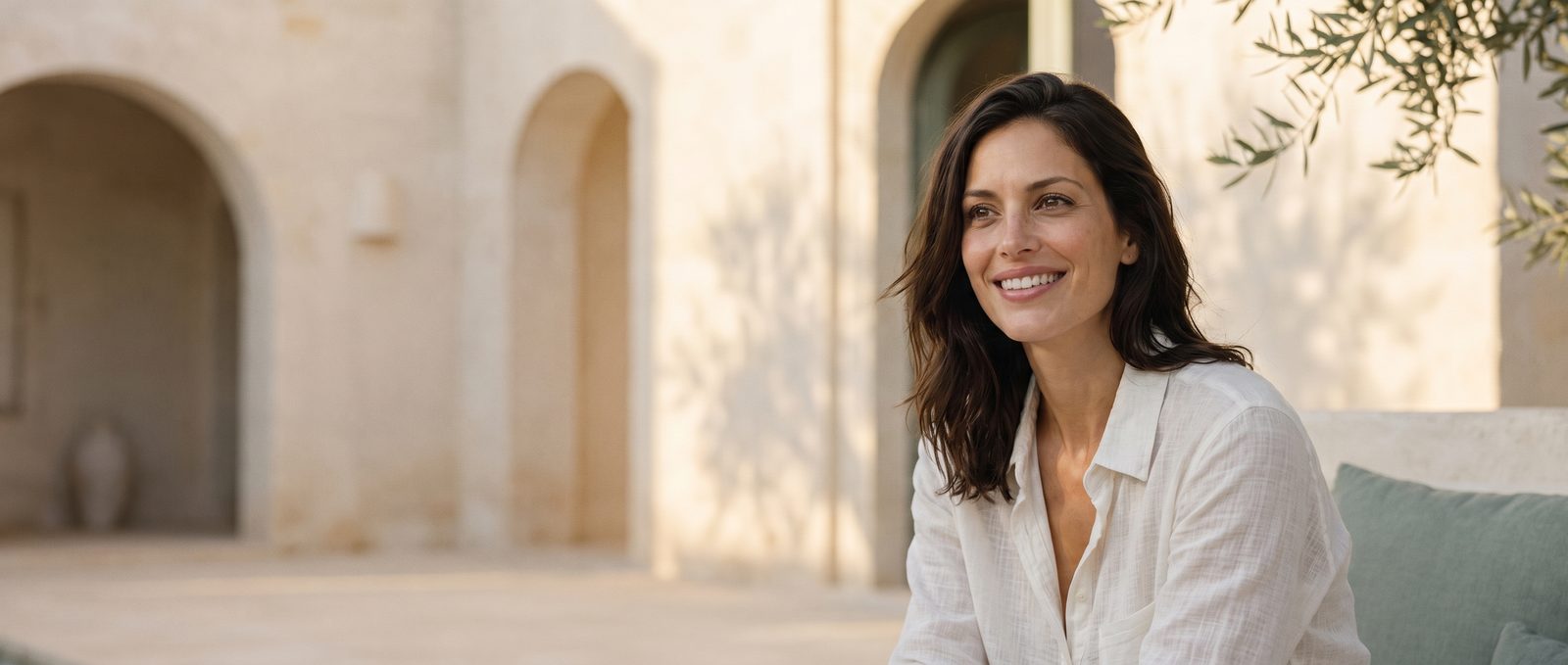 A woman smiling softly in a sunlit limestone courtyard, wearing an ivory linen shirt.