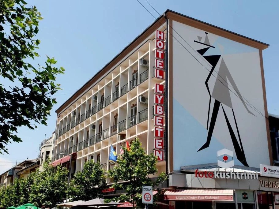 Hotel Lybeten on a tree-lined street in central Ferizaj.