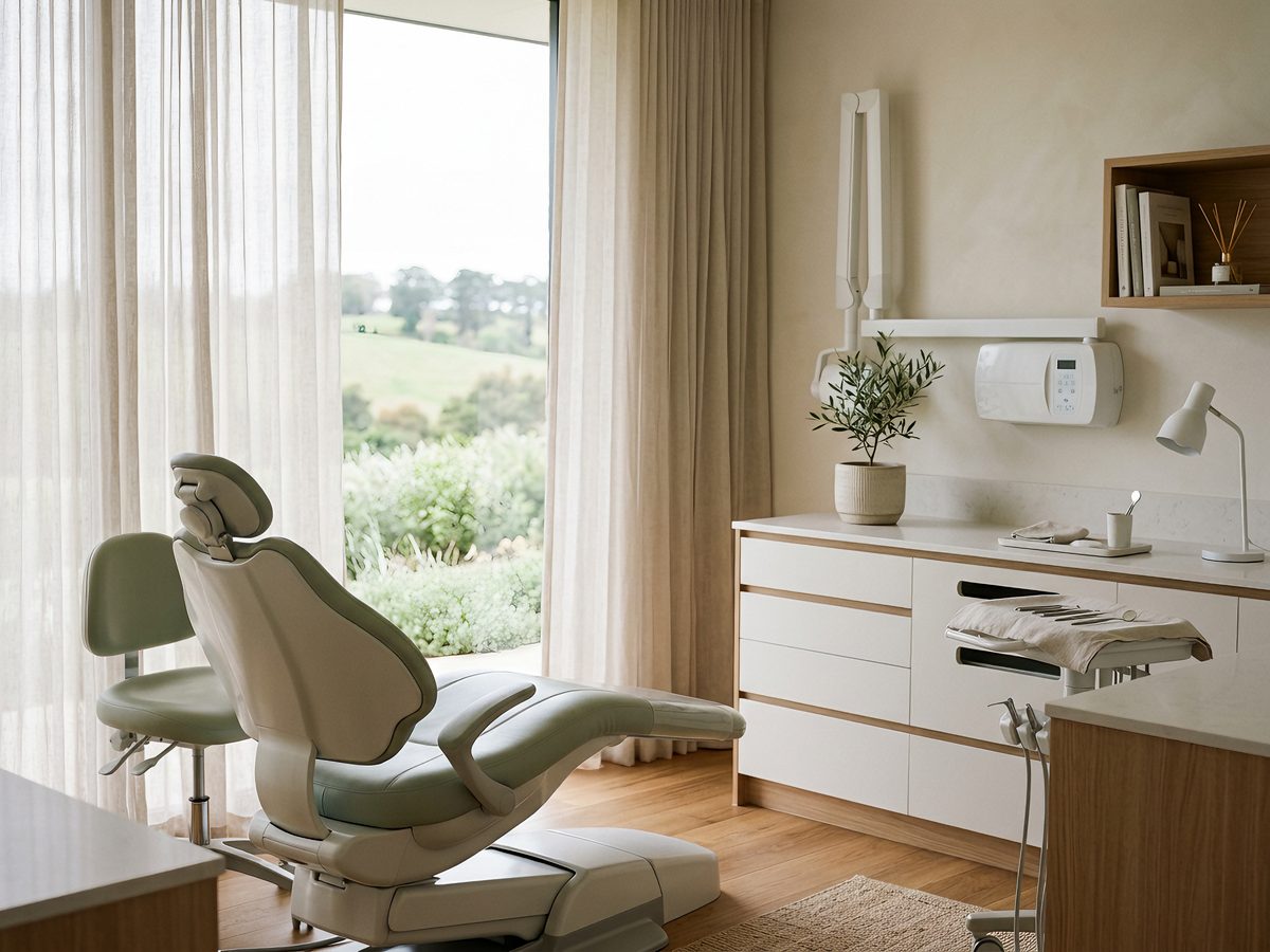 A calm, bright dental treatment room.