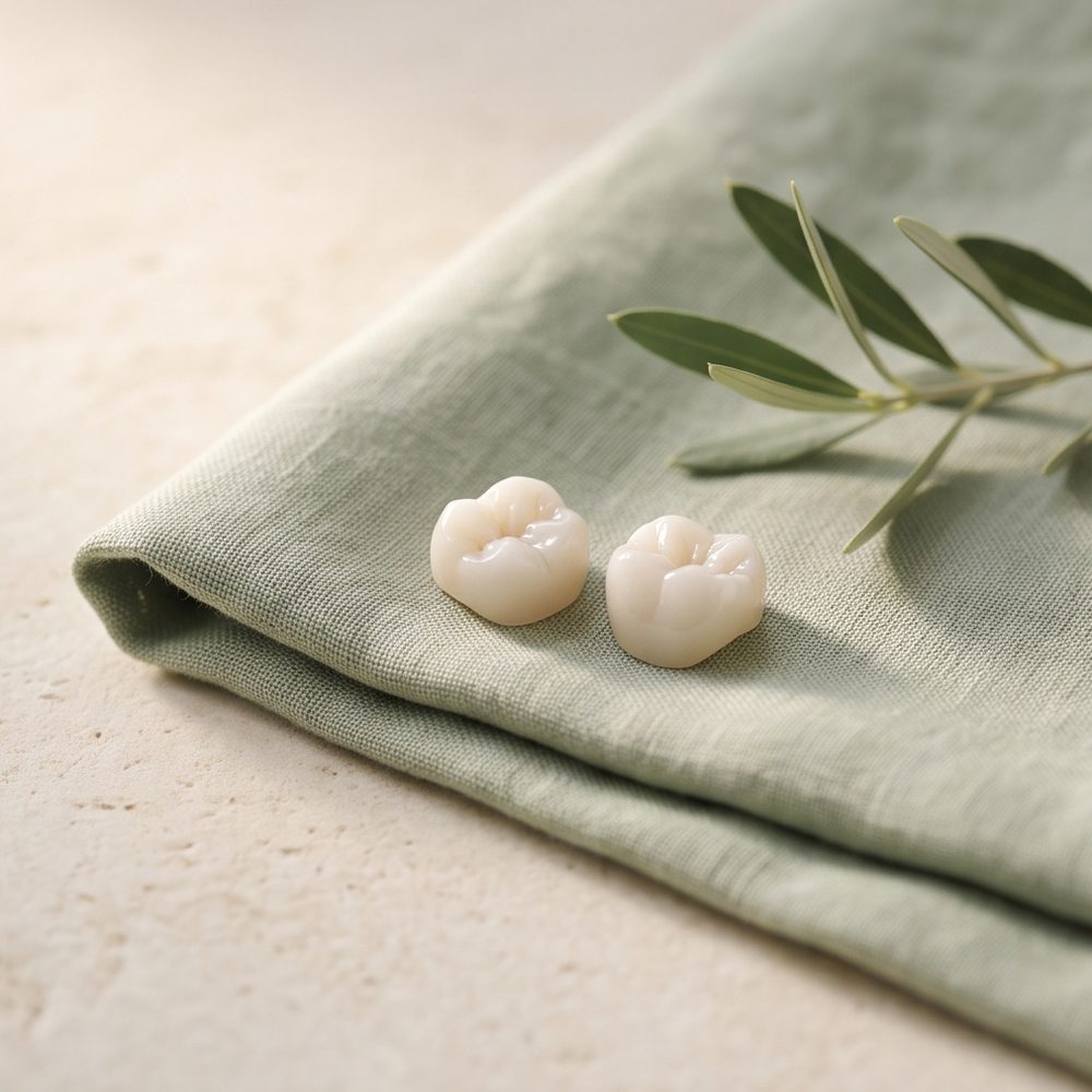 Two zirconia dental crowns resting on sage linen.