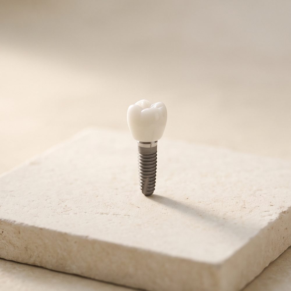 A titanium dental implant with a ceramic crown on a limestone surface.