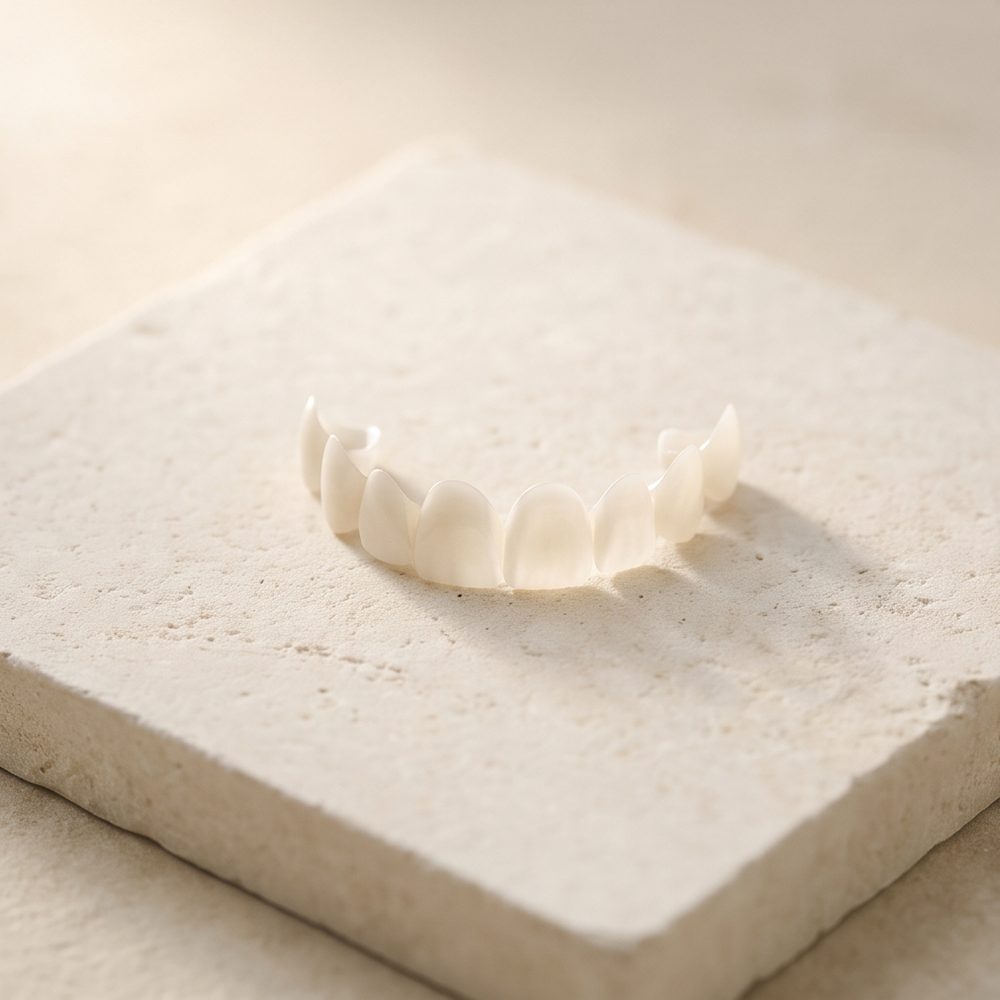 Thin porcelain veneer shells arranged in an arc.
