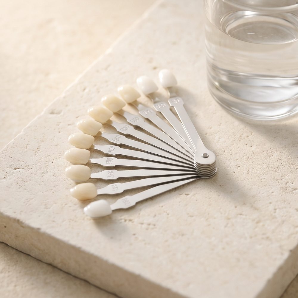 A dental shade guide fanned out beside a glass of water.